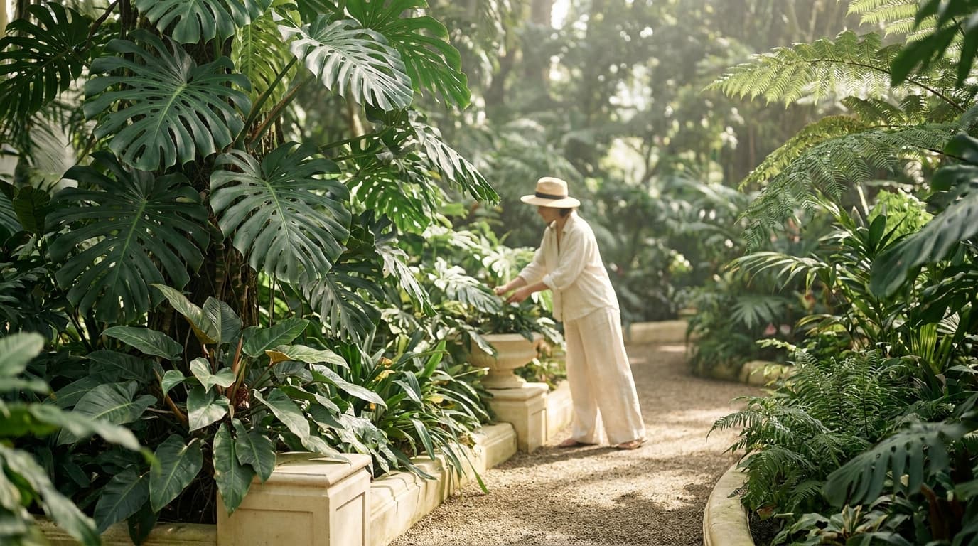 Woman tending to lush botanical garden with monstera and tropical plants